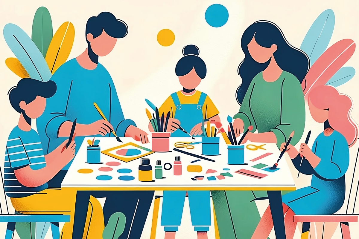 Uma ilustração vetorial minimalista de uma família envolvida em uma sessão de artes e ofícios em casa, apresentando linhas simples e limpas e uma cor brilhante e alegre